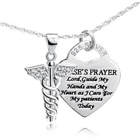YFN 925 Sterling Silver Caduceus Angel Nursing Themed Pendant Necklace 18"
