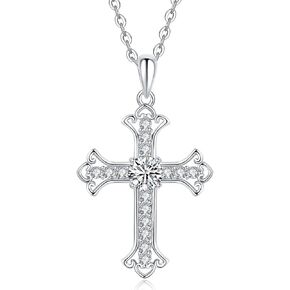 925 Sterling Silver Moissanite Cross Pendant Necklace for Women, Silver Women's Cross Necklace, 18"+2" extender chain