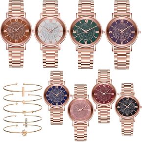 yunanwa 8 Pack Women's Wholesale Assorted Platinum Watches Jewelry Dress Watches Rose Gold Roman Numerals Starry Sky Wrist Watch Bracelet