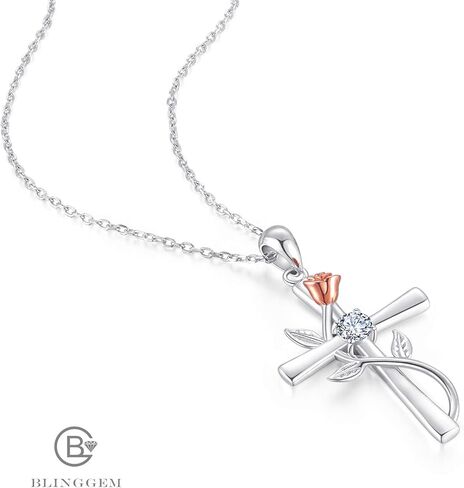 BlingGem الصليب قلادة للنساء 925 الفضة الاسترليني جوهرة قلادة روز الصليب قلادة 5A زركونيا مكعب 12 شهر الميلاد الذكرى السنوية مجوهرات عيد ميلاد هدية للنساء صديقة زوجة in Kuwait