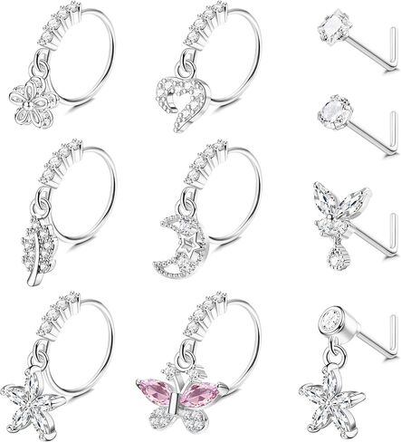 ORAZIO 10Pcs 20G Nose Ring Dangle Nose Hoops Rings L Shaped Studs for Women Men Flower Butterfly Heart Moon Star Cubic Zirconia Nose Ring Silver/Gold/Black/Rose Gold Tone Nose Piercing Jewelry in Saudi Arabia