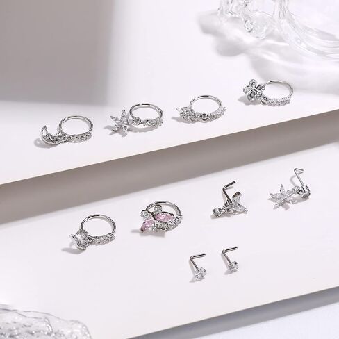 ORAZIO 10Pcs 20G Nose Ring Dangle Nose Hoops Rings L Shaped Studs for Women Men Flower Butterfly Heart Moon Star Cubic Zirconia Nose Ring Silver/Gold/Black/Rose Gold Tone Nose Piercing Jewelry in Saudi Arabia