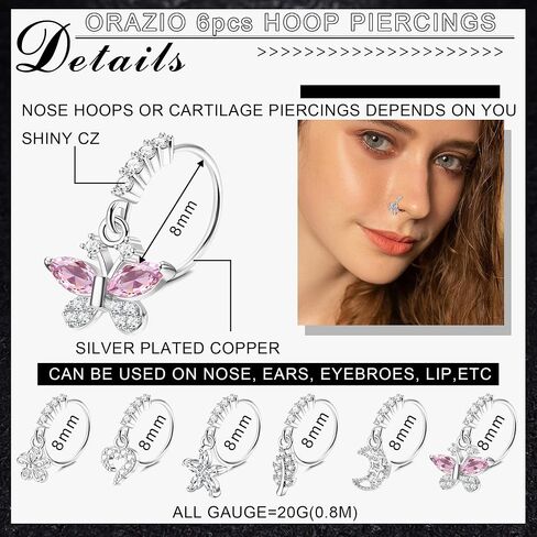 ORAZIO 10Pcs 20G Nose Ring Dangle Nose Hoops Rings L Shaped Studs for Women Men Flower Butterfly Heart Moon Star Cubic Zirconia Nose Ring Silver/Gold/Black/Rose Gold Tone Nose Piercing Jewelry in Saudi Arabia
