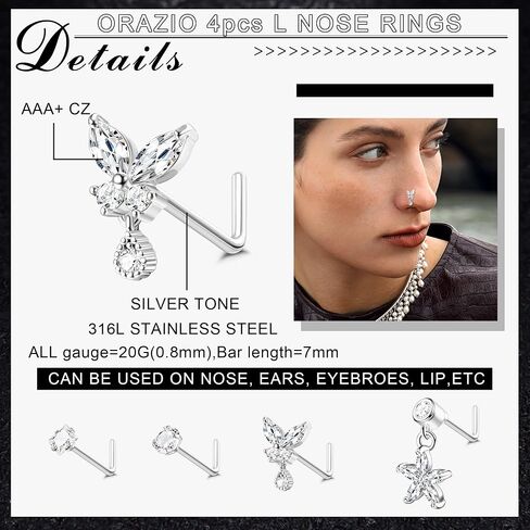 ORAZIO 10Pcs 20G Nose Ring Dangle Nose Hoops Rings L Shaped Studs for Women Men Flower Butterfly Heart Moon Star Cubic Zirconia Nose Ring Silver/Gold/Black/Rose Gold Tone Nose Piercing Jewelry in Saudi Arabia