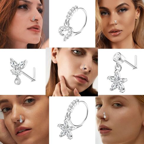 ORAZIO 10Pcs 20G Nose Ring Dangle Nose Hoops Rings L Shaped Studs for Women Men Flower Butterfly Heart Moon Star Cubic Zirconia Nose Ring Silver/Gold/Black/Rose Gold Tone Nose Piercing Jewelry in Saudi Arabia