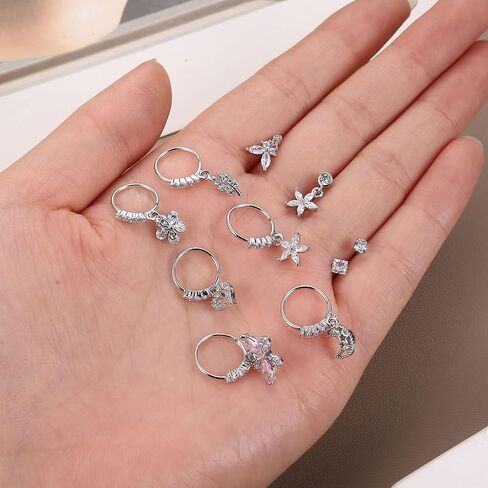 ORAZIO 10Pcs 20G Nose Ring Dangle Nose Hoops Rings L Shaped Studs for Women Men Flower Butterfly Heart Moon Star Cubic Zirconia Nose Ring Silver/Gold/Black/Rose Gold Tone Nose Piercing Jewelry in Saudi Arabia