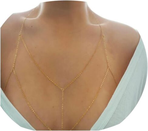 حمالة صدر بطبقات من سلسلة الجسم، حمالة صدر بطبقة مزدوجة مملوءة بالذهب وسلسلة للبطن وسلسلة للخصر، مجوهرات للجسم بيكيني للنساء (BC23-G1) in Kuwait