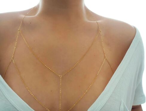 حمالة صدر بطبقات من سلسلة الجسم، حمالة صدر بطبقة مزدوجة مملوءة بالذهب وسلسلة للبطن وسلسلة للخصر، مجوهرات للجسم بيكيني للنساء (BC23-G1) in Kuwait