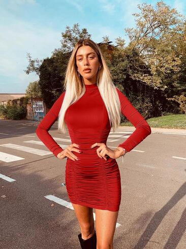 GOKATOSAU Women's Sexy Stand Neck Bodycon Long Sleeve Ruched Club Party Mini Dress in Kuwait