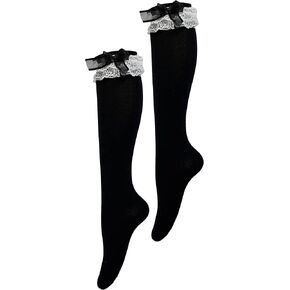 CAT KO Women Soft Knee High Socks Lovely&Cute Solid color Lace Ruffle Bow Girls socks for Lolita