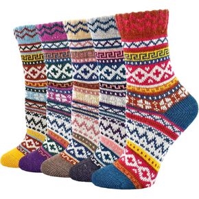 YWSLRC 5 Pairs Women Wool Socks Thick Vintage Ethnic Style Geometric Pattern Cotton Casual Winter Warm Crew Sock in Kuwait