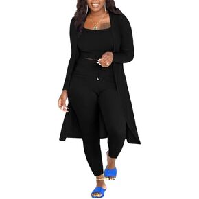 ملابس نسائية مضلعة متماسكة من 3 قطع بأكمام طويلة مفتوحة من الأمام سترة ضيقة ضيقة طقم رياضي أسود S in Kuwait