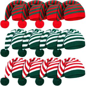 Ramede 12 Pcs Christmas Knitted Elf Hats Santa Hat for Adults Kids Xmas Beanie Striped Winter Hats Skull Cap with Pompom Bulk Warm Crochet Caps for Women Men Christmas Costume
