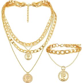 هينلي طقم عقد وسوار ذهبي مكتنز مكون من قطعتين للنساء، قلادات متعددة الطبقات بدلاية على شكل عملة رترو متعددة السلاسل قابلة للتعديل وسوار سلسلة ذهبية بتصميم بانك للمجوهرات وهدايا حفلات الهالوين, مادة in Kuwait