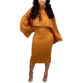 Cupitool Women's 2 Piece Outfits Knitted Long Sleeve Turtleneck Sweaters & Tank Bodycon Midi Dress Set