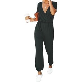 CUPSHE Women's V Neck Casual Loose Short Sleeves Jumpsuit Elastic Waist Stretchy Long Romper Jumpsuit