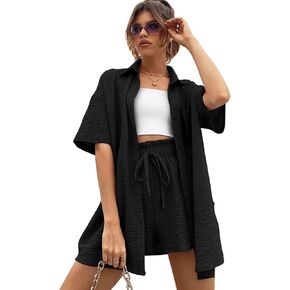 SweatyRocks Women's 2 Piece Outfits Button Front Half Shoulder Blouse and Paperbag Waist Shorts Set without Cami