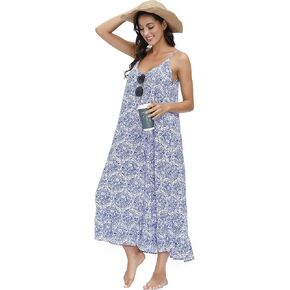 BUENOS NINOS Women's V Neck Floral Maxi Dress Boho Printed Adjustable Spaghetti Strap Ethnic Beach Long Dress with Pockets