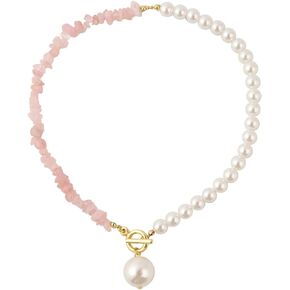 IDOKAWA Boho Statement Necklace for Women, Vintage Multicolor Charm Necklace with Natural Gemstones and Baroque Pearl Pendant, Summer Bohemian Jewelry