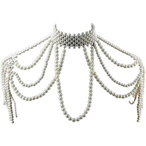 Florate Chunky Bead Pendant Choker Long Statement Necklace for Women Costume Pearl Beaded Chain Shoulder Body Jewelry