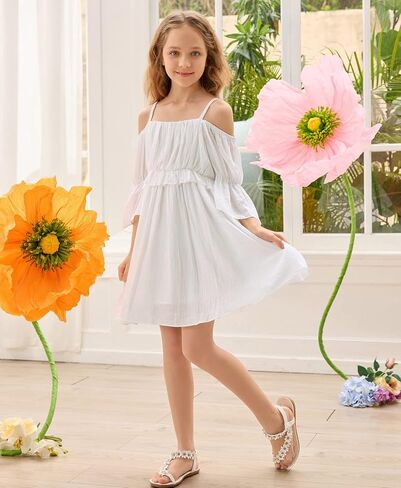 Danna Belle Girl Summer Dress Off-Shoulder Spaghetti Strap A-Line Dresses 5-12Y in Kuwait