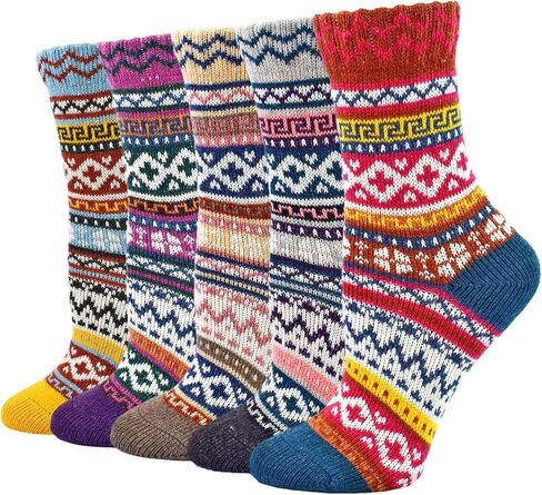 YWSLRC 5 Pairs Women Wool Socks Thick Vintage Ethnic Style Geometric Pattern Cotton Casual Winter Warm Crew Sock in Kuwait