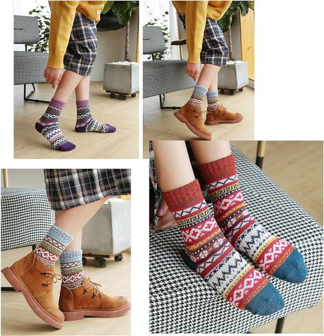 YWSLRC 5 Pairs Women Wool Socks Thick Vintage Ethnic Style Geometric Pattern Cotton Casual Winter Warm Crew Sock in Kuwait