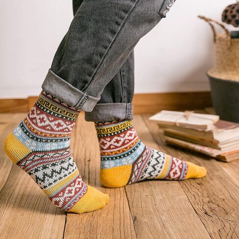 YWSLRC 5 Pairs Women Wool Socks Thick Vintage Ethnic Style Geometric Pattern Cotton Casual Winter Warm Crew Sock in Kuwait