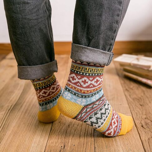 YWSLRC 5 Pairs Women Wool Socks Thick Vintage Ethnic Style Geometric Pattern Cotton Casual Winter Warm Crew Sock in Kuwait