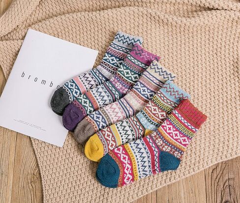 YWSLRC 5 Pairs Women Wool Socks Thick Vintage Ethnic Style Geometric Pattern Cotton Casual Winter Warm Crew Sock in Kuwait