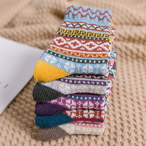 YWSLRC 5 Pairs Women Wool Socks Thick Vintage Ethnic Style Geometric Pattern Cotton Casual Winter Warm Crew Sock in Kuwait