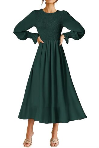 Dowerme المرأة عادية البتلة كم طويل Crewneck Smocked ألف خط متدفق الصلبة ماكسي فستان خريف شتاء حفلة فساتين لحفلات الكوكتيل in Kuwait