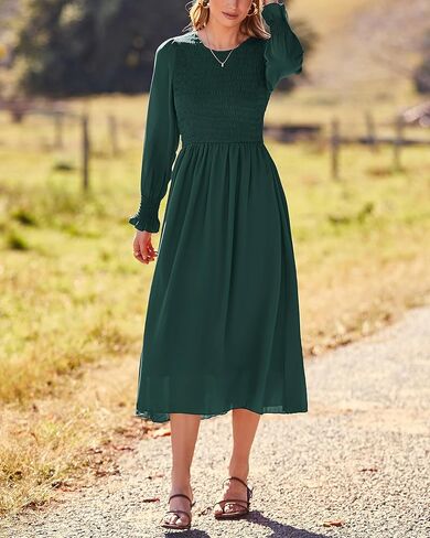 Dowerme المرأة عادية البتلة كم طويل Crewneck Smocked ألف خط متدفق الصلبة ماكسي فستان خريف شتاء حفلة فساتين لحفلات الكوكتيل in Kuwait