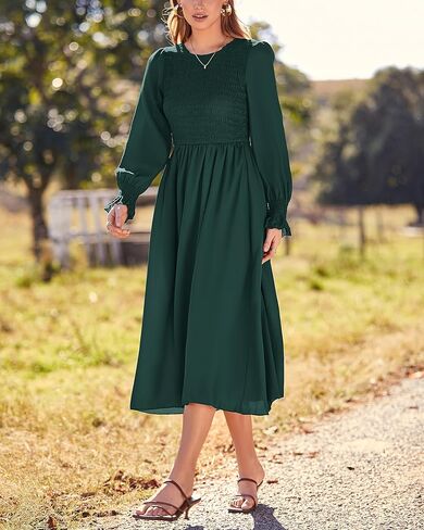 Dowerme المرأة عادية البتلة كم طويل Crewneck Smocked ألف خط متدفق الصلبة ماكسي فستان خريف شتاء حفلة فساتين لحفلات الكوكتيل in Kuwait