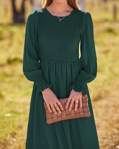 Dowerme المرأة عادية البتلة كم طويل Crewneck Smocked ألف خط متدفق الصلبة ماكسي فستان خريف شتاء حفلة فساتين لحفلات الكوكتيل in Kuwait