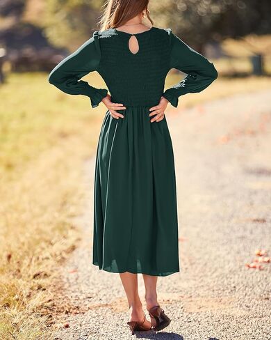 Dowerme المرأة عادية البتلة كم طويل Crewneck Smocked ألف خط متدفق الصلبة ماكسي فستان خريف شتاء حفلة فساتين لحفلات الكوكتيل in Kuwait