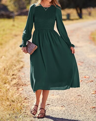 Dowerme المرأة عادية البتلة كم طويل Crewneck Smocked ألف خط متدفق الصلبة ماكسي فستان خريف شتاء حفلة فساتين لحفلات الكوكتيل in Kuwait