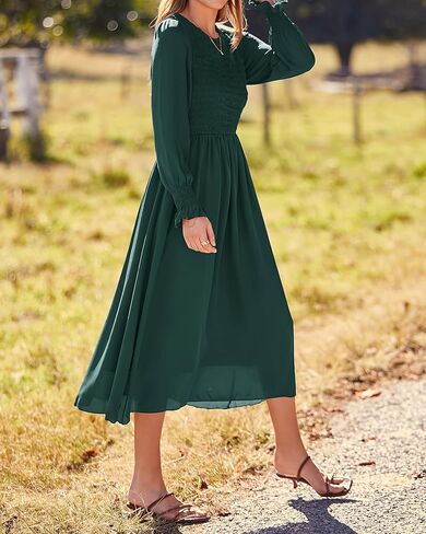 Dowerme المرأة عادية البتلة كم طويل Crewneck Smocked ألف خط متدفق الصلبة ماكسي فستان خريف شتاء حفلة فساتين لحفلات الكوكتيل in Kuwait