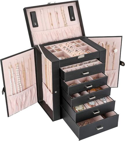 ProCase Large Jewelry Organizer Box for Women Girls, 6 Layers Storage Display Holder Case with Drawers and Dividers for Earrings Necklaces Rings Bracelets Watches -Black in Saudi Arabia