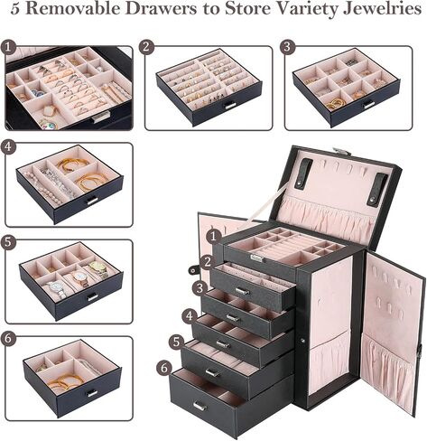 ProCase Large Jewelry Organizer Box for Women Girls, 6 Layers Storage Display Holder Case with Drawers and Dividers for Earrings Necklaces Rings Bracelets Watches -Black in Saudi Arabia