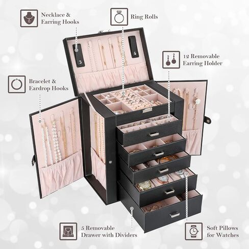 ProCase Large Jewelry Organizer Box for Women Girls, 6 Layers Storage Display Holder Case with Drawers and Dividers for Earrings Necklaces Rings Bracelets Watches -Black in Saudi Arabia