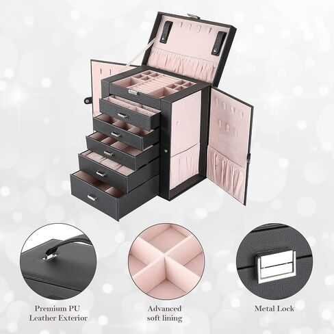 ProCase Large Jewelry Organizer Box for Women Girls, 6 Layers Storage Display Holder Case with Drawers and Dividers for Earrings Necklaces Rings Bracelets Watches -Black in Saudi Arabia
