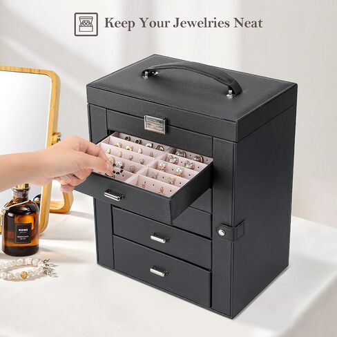ProCase Large Jewelry Organizer Box for Women Girls, 6 Layers Storage Display Holder Case with Drawers and Dividers for Earrings Necklaces Rings Bracelets Watches -Black in Saudi Arabia
