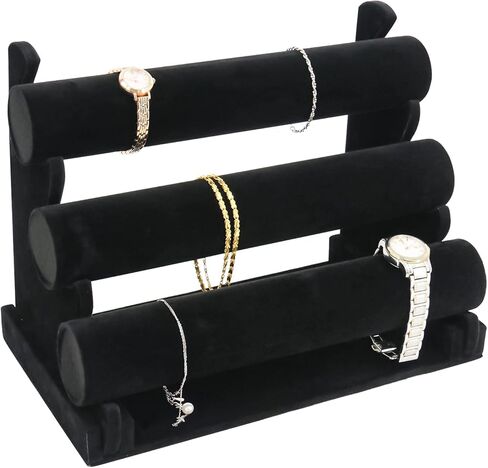 حزمة من 2 حامل أساور مخملي من Patioer مع رف بثلاث طبقات، حامل عرض المجوهرات سوار ساعة ومنظم تخزين قلادة، أسود in Kuwait