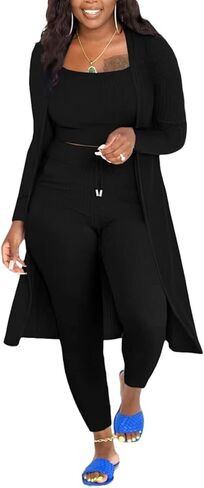 ملابس نسائية مضلعة متماسكة من 3 قطع بأكمام طويلة مفتوحة من الأمام سترة ضيقة ضيقة طقم رياضي أسود S in Kuwait