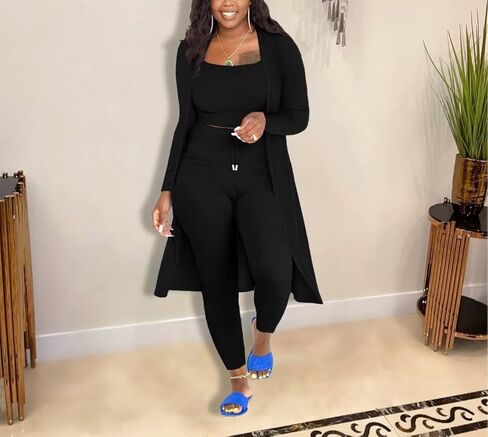 ملابس نسائية مضلعة متماسكة من 3 قطع بأكمام طويلة مفتوحة من الأمام سترة ضيقة ضيقة طقم رياضي أسود S in Kuwait