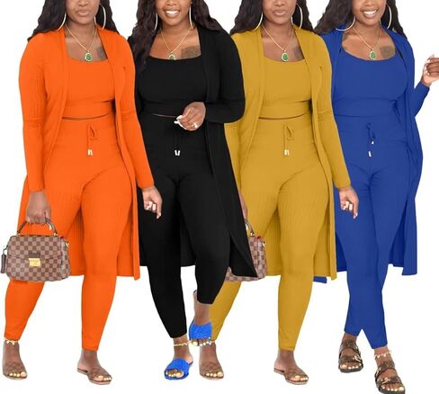 ملابس نسائية مضلعة متماسكة من 3 قطع بأكمام طويلة مفتوحة من الأمام سترة ضيقة ضيقة طقم رياضي أسود S in Kuwait