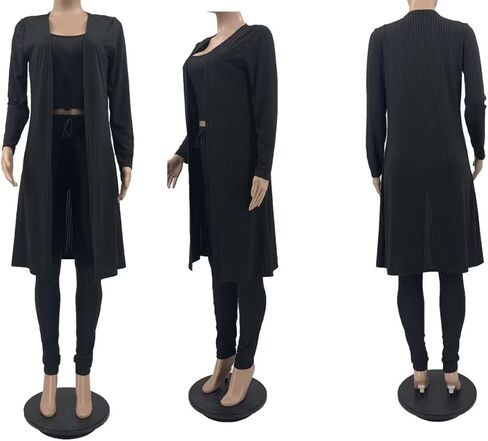 ملابس نسائية مضلعة متماسكة من 3 قطع بأكمام طويلة مفتوحة من الأمام سترة ضيقة ضيقة طقم رياضي أسود S in Kuwait