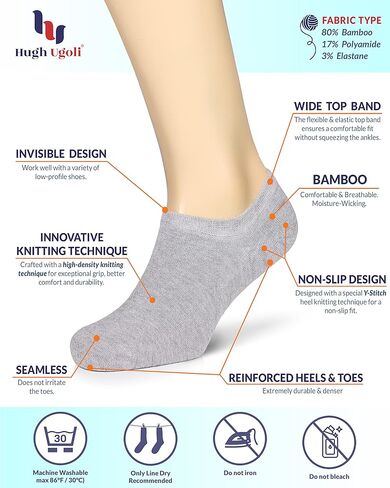 هيو أوغولي الرجال الخيزران لا تظهر الجوارب | جوارب غير مرئية غير قابلة للانزلاق | جوارب ناعمة ورقيقة وغير ملحومة ذات قصة منخفضة | رمادي فاتح|مقاس الحذاء 11-13| 6 أزواج in Kuwait