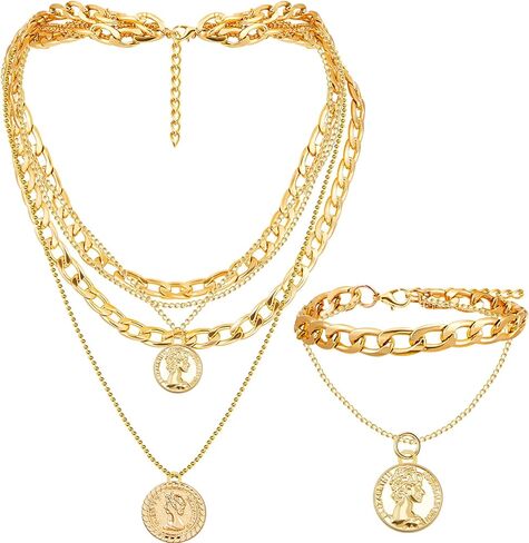 هينلي طقم عقد وسوار ذهبي مكتنز مكون من قطعتين للنساء، قلادات متعددة الطبقات بدلاية على شكل عملة رترو متعددة السلاسل قابلة للتعديل وسوار سلسلة ذهبية بتصميم بانك للمجوهرات وهدايا حفلات الهالوين, مادة in Kuwait